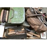 A mixed box of various vintage tools, to include bill hooks, garden tools, rasps etc