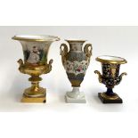 Three 19th century twin handles vases, one with hand painted mother and child (af), 25.5cmH; one