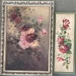 20th century oil on canvas, still life of roses, 75x50cm (some damage), together with one other
