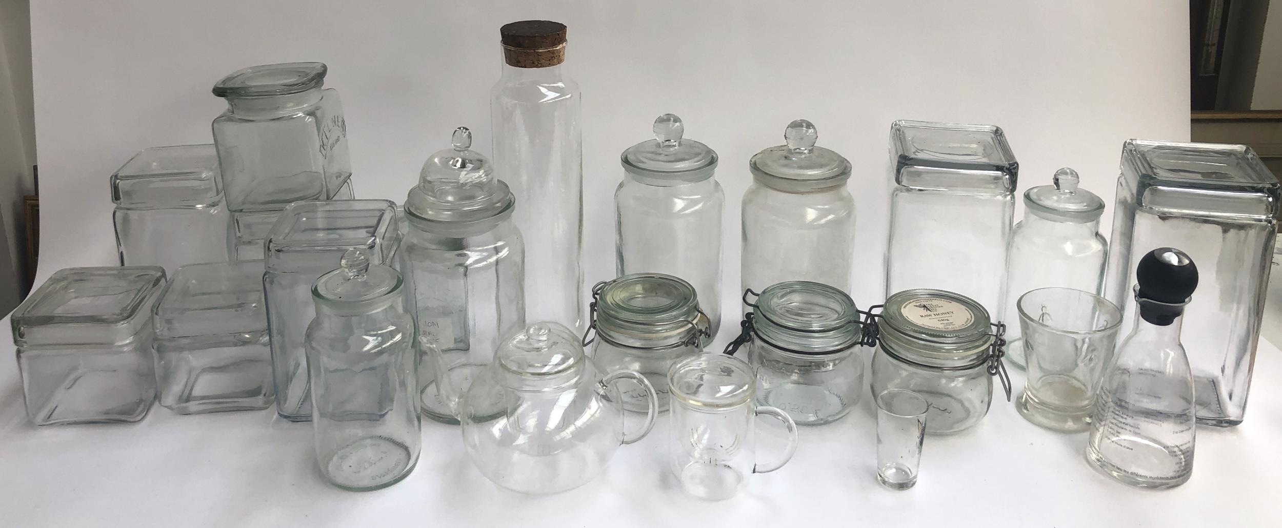 A quantity of glass to include Kilner jars, teapot, canisters etc