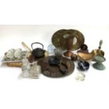 A mixed lot to include glass Listerine bottle, carved wooden plate, wooden bellows, kettle,
