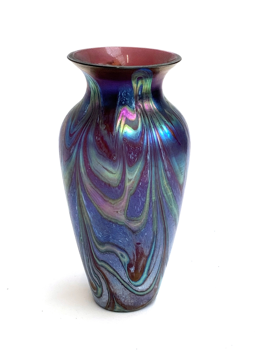 An Okra art glass vase, iridescent swirling design, label to base, 16.5cmH