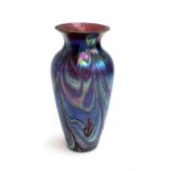 An Okra art glass vase, iridescent swirling design, label to base, 16.5cmH