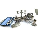 A mixed lot of plated items to include a three piece tea set of compressed spherical form, three arm