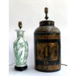 Two table lamps, one ceramic with bamboo design, the other painted tin, 52cmH