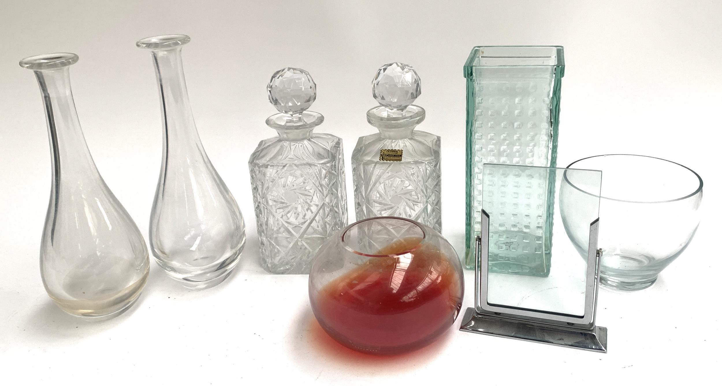 A mixed lot of glass and cut glass to include a Polish Zani vase, Vidreco cuboid vase, 2 bottle