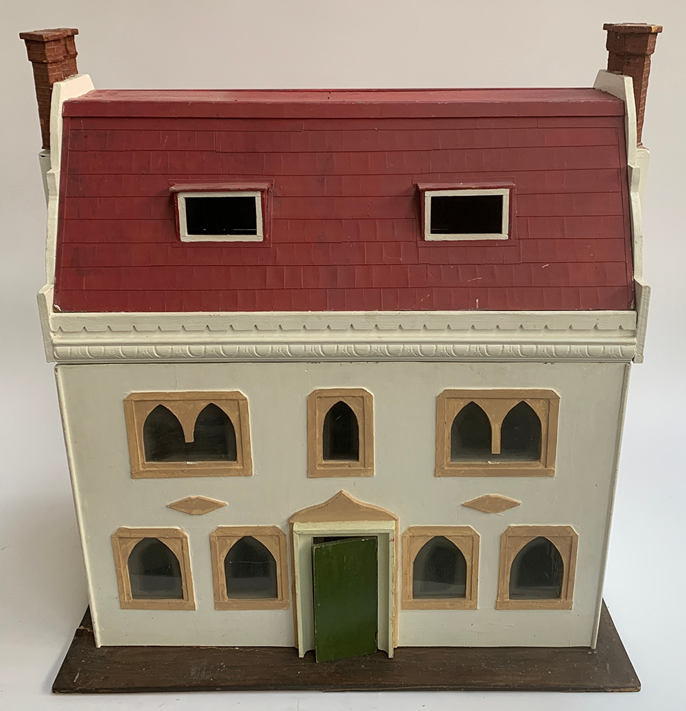A white 3 storey dolls house with red roof to include 2 rooms on each floor, approx. 68x42x73cmH