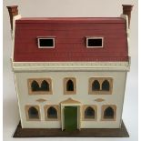 A white 3 storey dolls house with red roof to include 2 rooms on each floor, approx. 68x42x73cmH