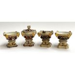 Four Royal Crown Derby potpourri pots (af), one pair, each with four gilt greenman masks, marked