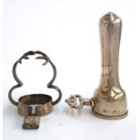 A silver plated tantalise guard, 8.5cmH, together with a silver plated ham hock holder, 13cmH,