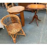 A wicker child's/dolls chair; oak octagonal table and one other