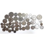 A quantity of pre 1947 silver coins to include three pence, sixpence, one shilling, half crown,