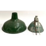 A green enamel industrial hanging light shade, 41cmD, together with one other, 26cmD