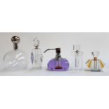 A Decor Walther purple glass soap dispenser, together with 3 cut glass scent bottles, one in art