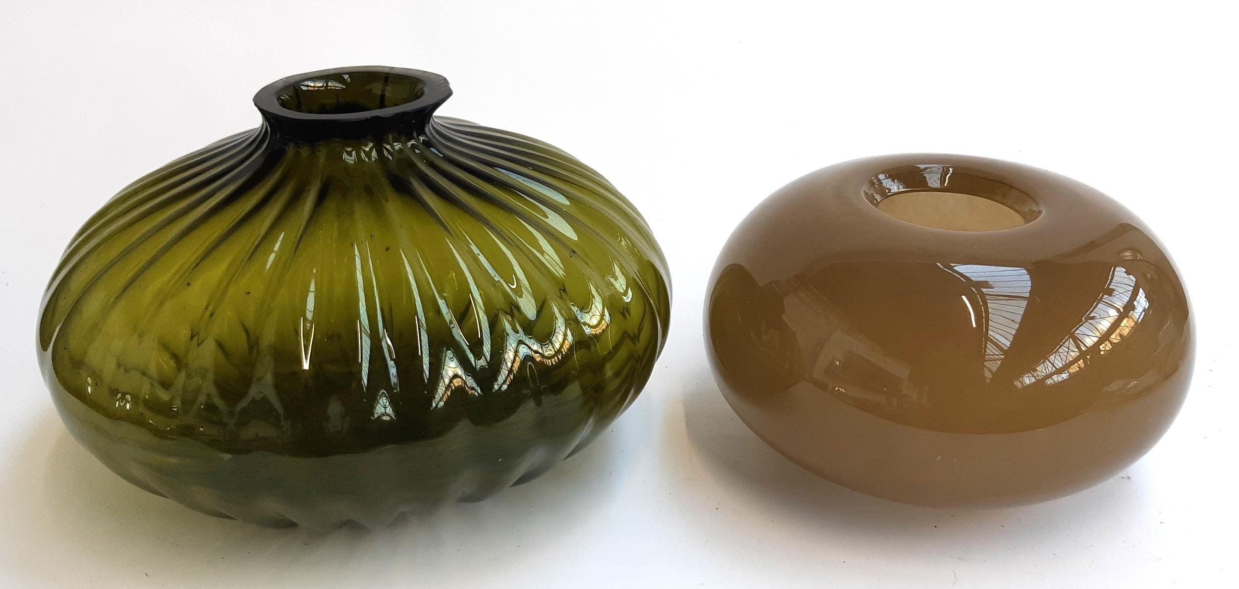 Two large glass vases of compressed spherical form, the larger approx. 40cmD