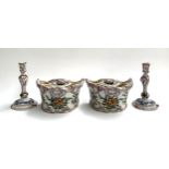 Two majolica flower holders, together with 2 Italian majolica candlesticks, 20cmH (af)