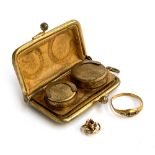 A leather sovereign holder, together with a gold shell ring, size T; yellow metal stick pin terminal