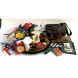 A lot of miscellaneous items to include wooden trays, rosettes, fabric, etc