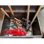 A mixed lot of mainly garden tools to include branch loppers, shears, pruning saws, small shovel,