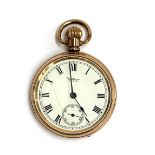 A Waltham USA gold plated open face pocket watch, the white enamel dial with Roman numerals and