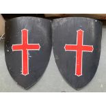 Two large metal shields, with painted crosses, 104cmH