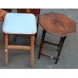 A beech vinyl upoholstered stool; together with a small oak octagonal occasional table