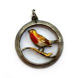 A silver and enamel pendant in the form of a robin on a branch, hallmarked for Richard John