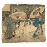 A 19th century Japanese woodblock print of geishas in the snow (af), 37x42cm