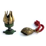 A lotus incense burner, 9cmH, together with a brass fish bell