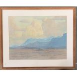 20th century colour print on canvas, a savannah landscape with bluffs in the background, 43x57cm