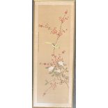 Chinese painting on silk, depicting songbird on cherry blossom, 101x37cm