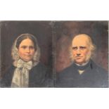 A pair of portraits, lady and gentleman in Victorian dress, oil on canvas, each 54x44cm