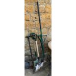 A small lot of garden tools, to include two shovels, rake, fork, edging spade etc