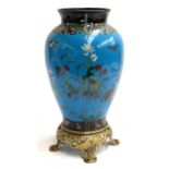 A large Chinese cloisonne vase on a brass pierced base, 41.5cmH