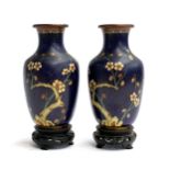 A pair of cloisonne enamel vases, character marks to base, each on carved stands, 19.5cmH with stand