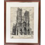 Pen and ink study, 'Rheims Cathedral before German bombardment, circa 1918, after the etching by