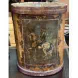 A leather waste paper bin with transfer image of a man on horseback, 44cmH
