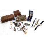 A mixed lot to include a boxed Sekonda quartz watch, carved wooden trinket pot, Citron watch,