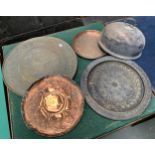 Several worked Islamic trays, 2 copper trays and a plated meat cloche