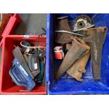 A box of old vintage tools, together with a crate of heavy cast car parts