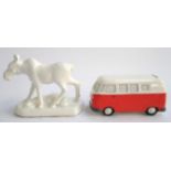 A china figure of a moose, 16cmH, together with a VW camper van money box, 20cmH