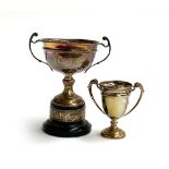 Two silver twin handled trophy cups, one on ebonised plinth base; the smaller silver gilt, 9cmH, 5.