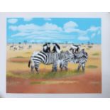 EB Watts, colour screen print of zebra and colobus monkeys, number 37/200, signed and titled by