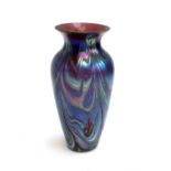 An Okra art glass vase (af), iridescent swirling design, label to base, 16.5cmH