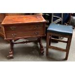 A mahogany and marquetry occasional table with two drawers, 57cmW; together with a small stool (2)