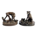 Two resin dog figurines, one with tail missing, 12cmH