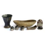 An Oxshott studio pottery bowl, 37cmW and vase, 18cmH, each incised to base, together with three