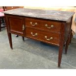 An Edwardian marble topped wash stand, with cupboard and two drawers, on square tapered legs,