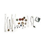A mixed lot of costume jewellery to include brooches, hallmarked blank silver medal, 6.6g; scarf