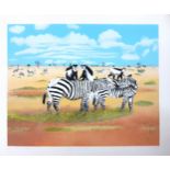 EB Watts, colour screen print of zebra and colobus monkeys, number 35/200, signed and titled by